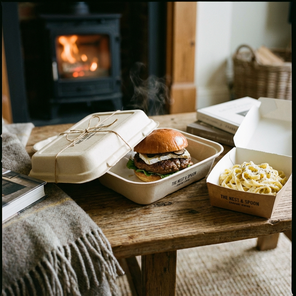 Embalagens de delivery do Aromas Restaurante prontas para entrega com refeições quentes