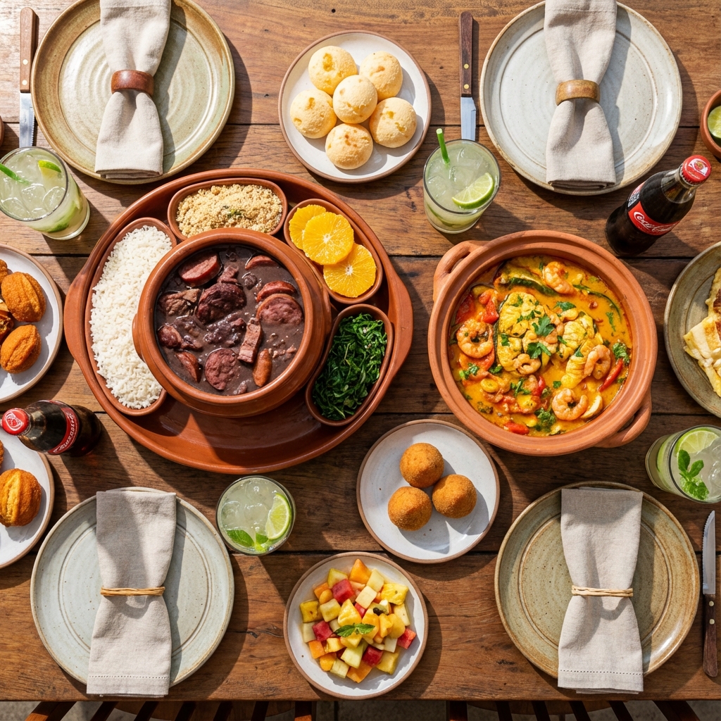 Mesa farta com pratos variados da culinária brasileira e contemporânea do Aromas Restaurante